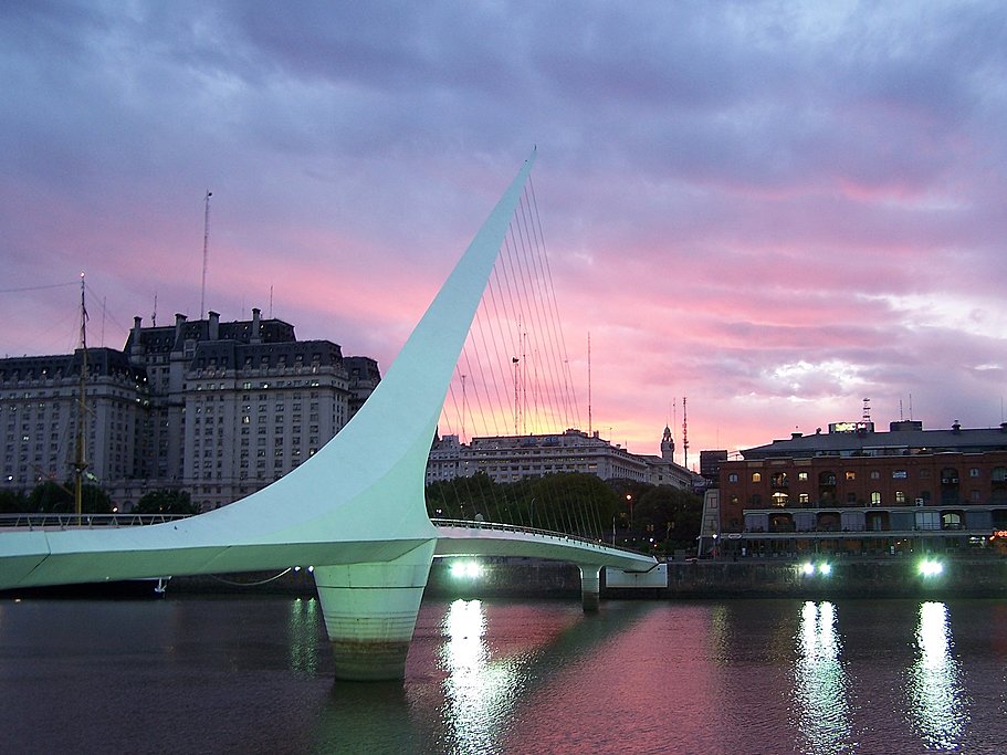 Sunset at the Puente de las Mujeres bridge in Buenos Aires