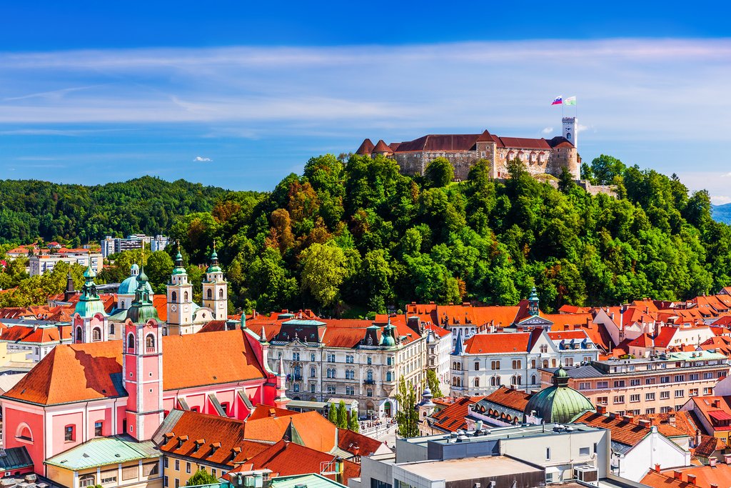 View of Old Town and the medieval castle in Ljubljana