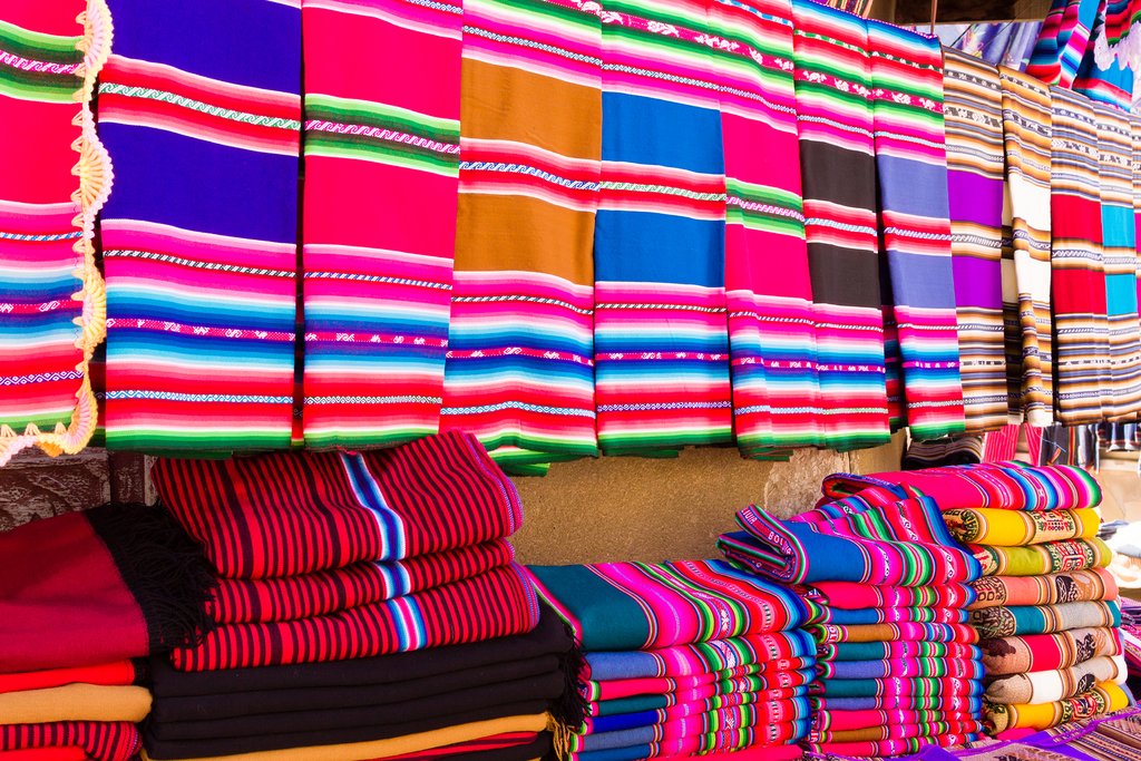 Bolivian textiles and blankets in a market