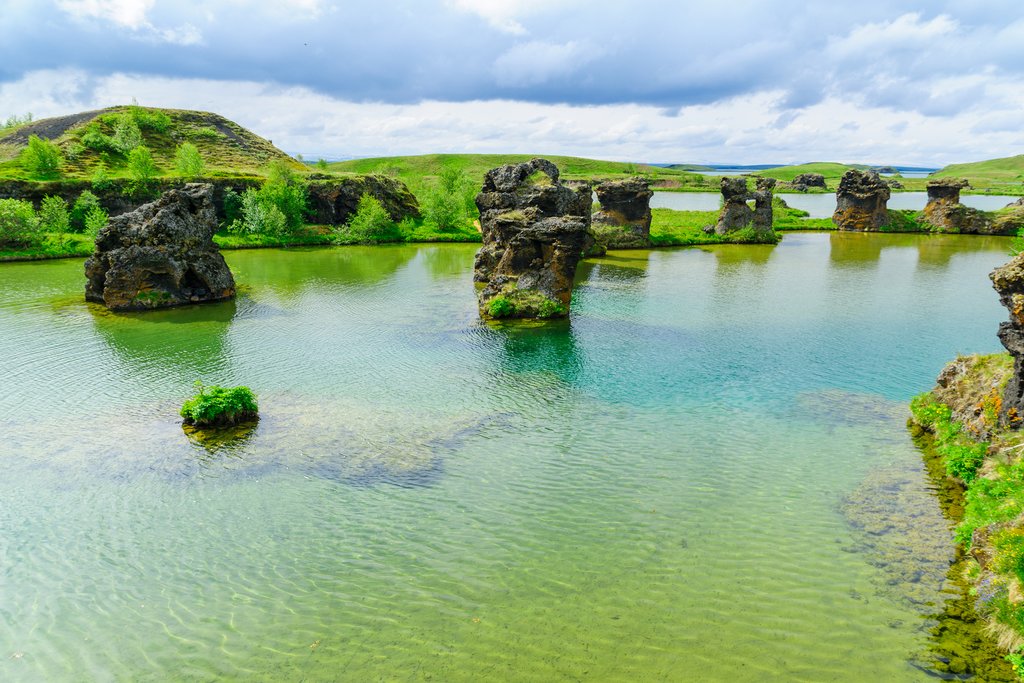 Spring and summer months bring greenery to Lake Myvatn