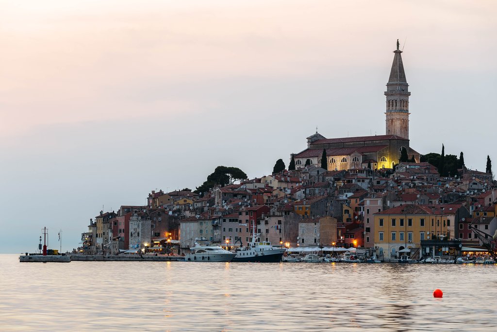 Sea view of Church of St. Euphemia in Rovinj, Croatia