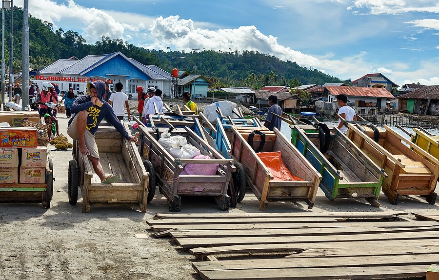 Wooden carts on the pier at Ampana