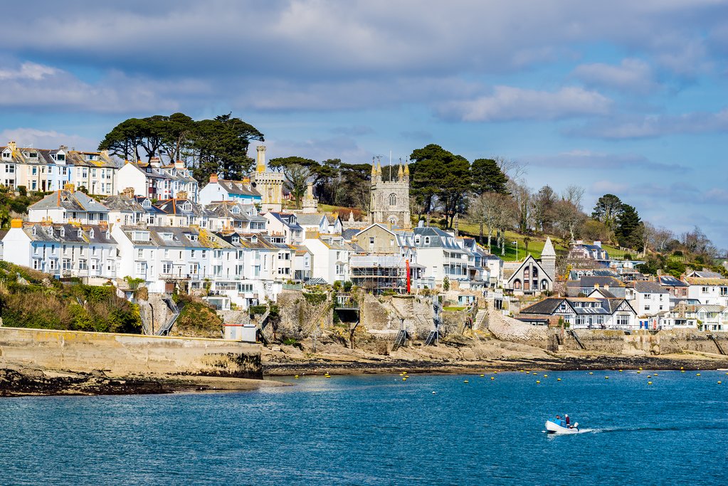 Bright sunshine over the seaside town of Fowey.