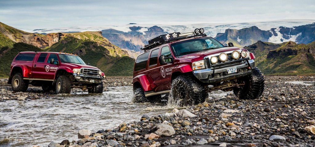 Super Jeeps take on a river in Iceland
