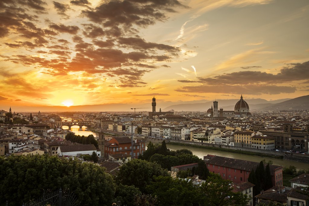 Sunset over Florence and the Arno River.