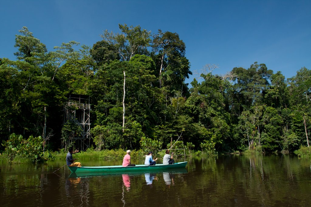 Traveling by canoe along the Napo River.