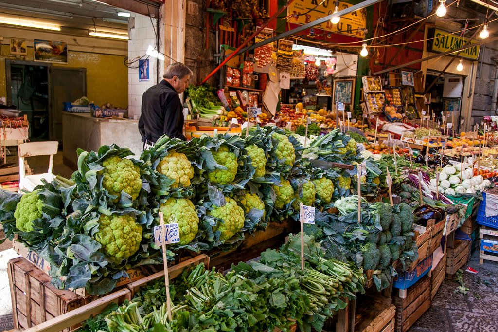 Fresh vegetables for sale at the Vucciria market