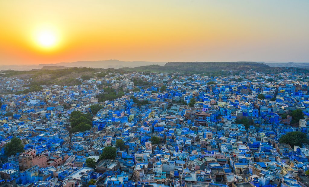Blue houses at sunset in Jodhpur
