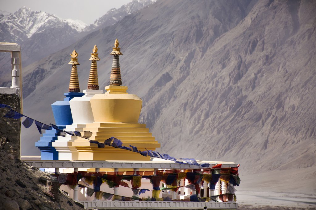 Three colorful stupa, part of Diskit Monastery