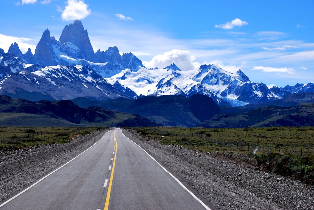 The road into El Chalten with Mt. Fitz Roy in the distance