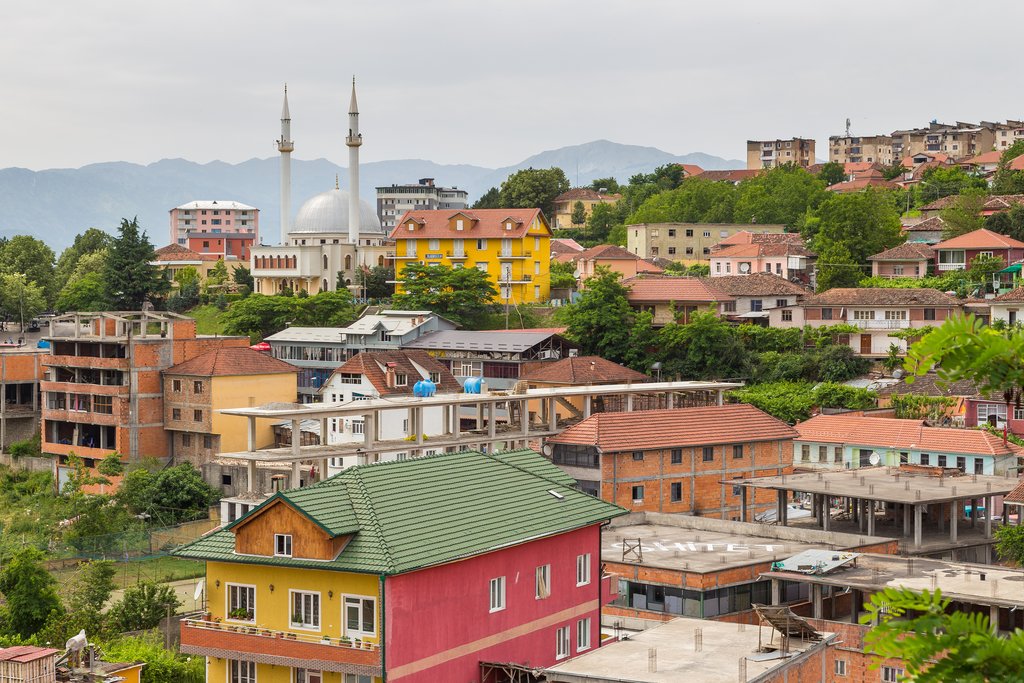 Downtown Peshkopi with mosque in the background