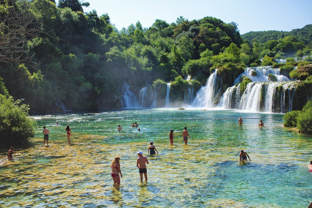A popular waterfall spot for travelers in Krka National Park