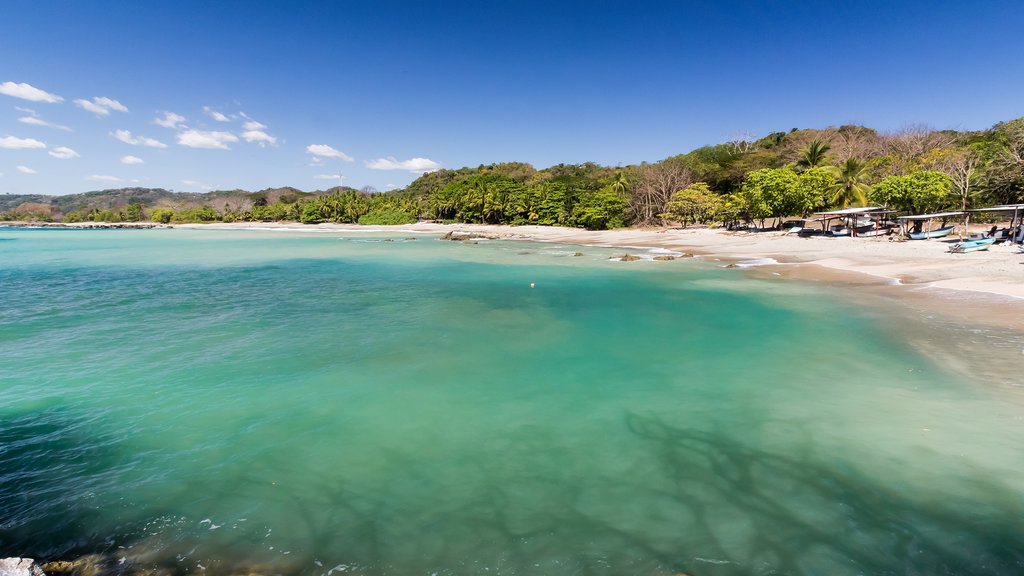 The blue waters, white sand, and lush vegetation of Sámara Beach