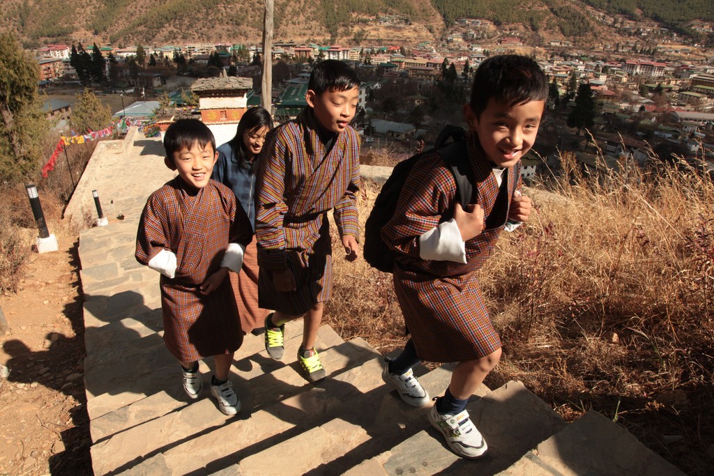 Children hiking above Thimpu