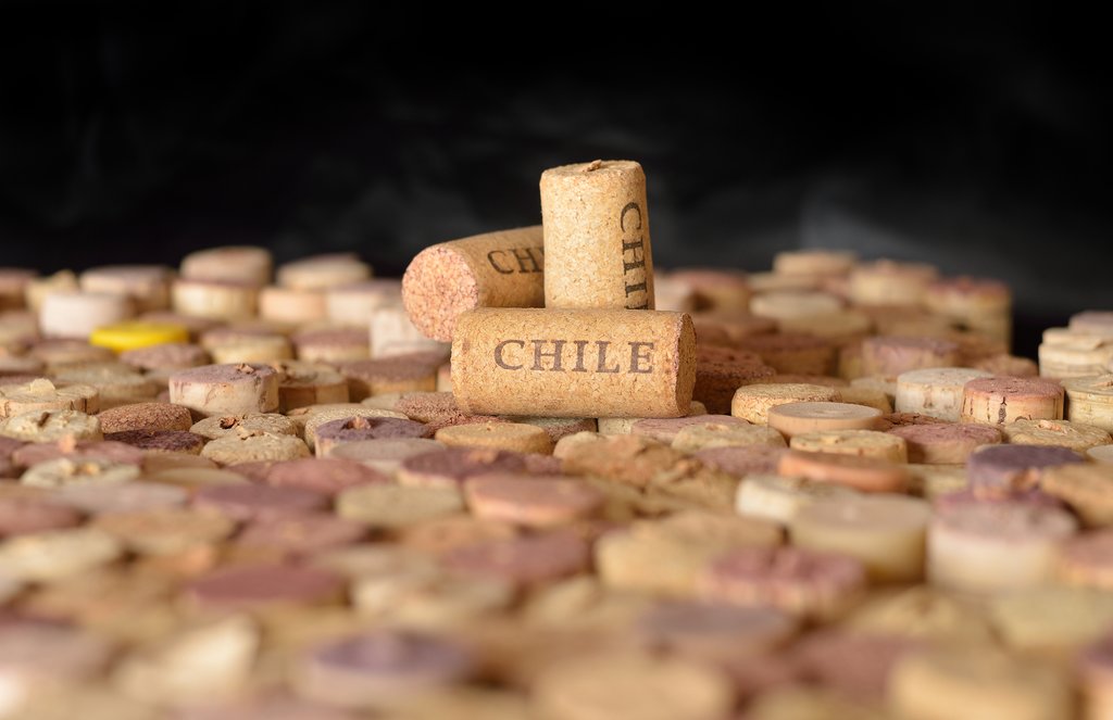 A pile of corks bearing the stamp of Chile's thriving wine industry.