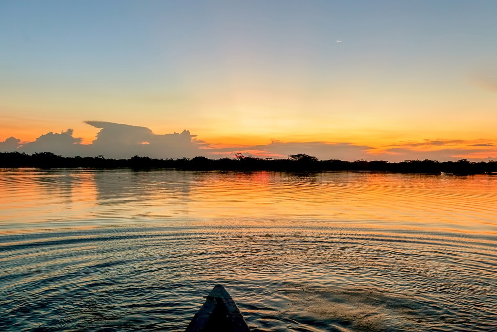 Spend a peaceful evening on the water in a dugout canoe as the rainforest transitions to night