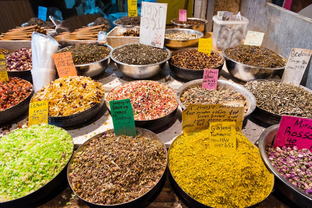 Dried spices on display at a Jerusalem market