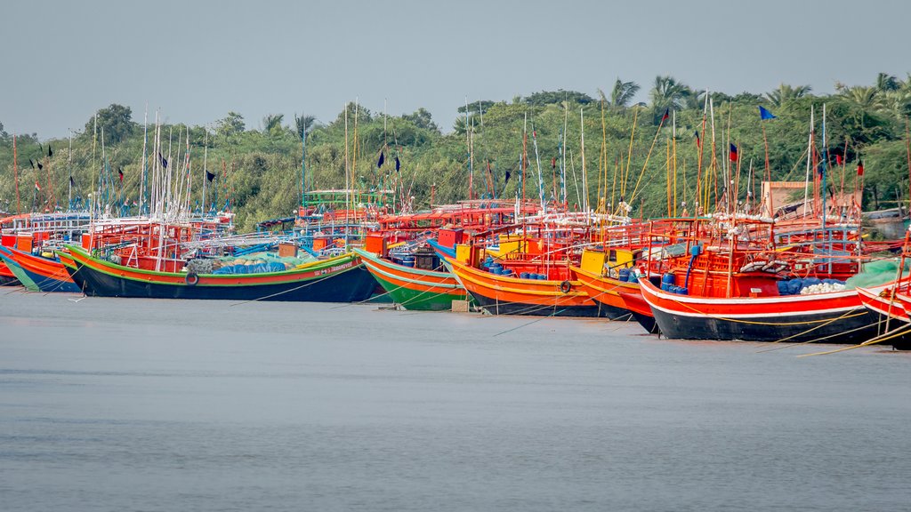 Wooden fishing boats in bright colors near Sunderbans