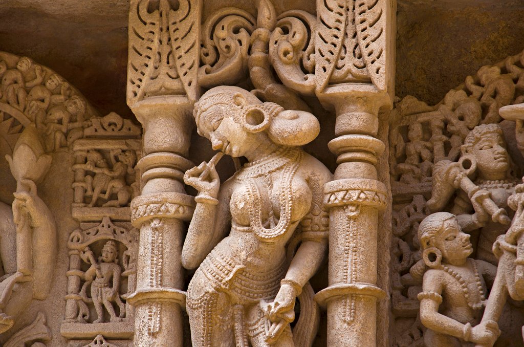 Carved idols on the inner wall and pillars of Rani ki vav,