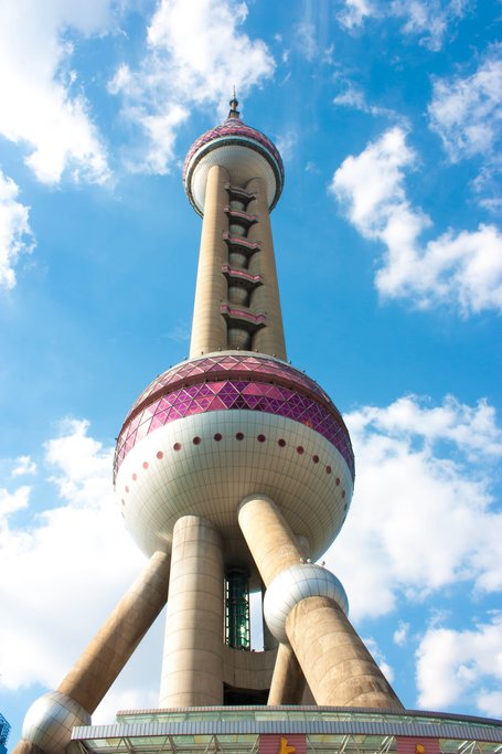 The 1,535-foot (467-meter) Oriental Pearl Tower is located on bank of the Huangpu River