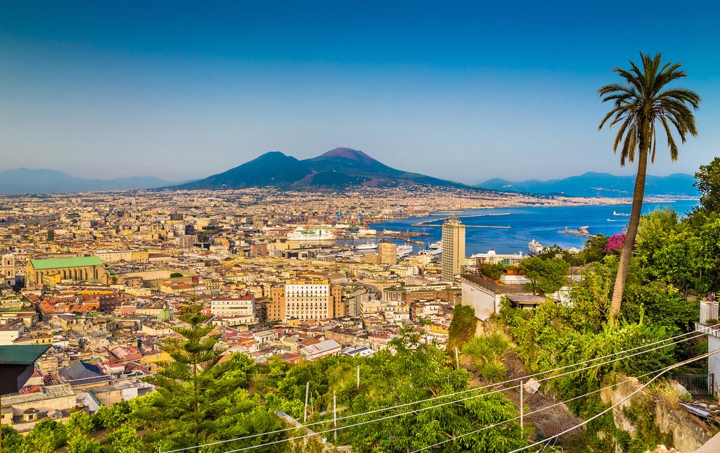 Aerial view of Naples with Mt. Vesuvius in the background