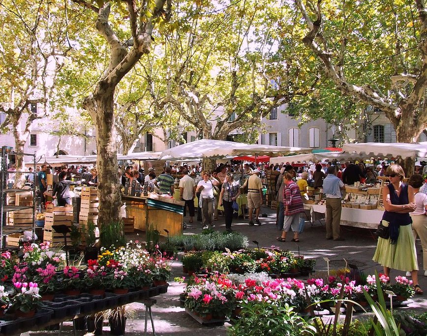 Outdoor market at the Place aux Herbes, in Uzès