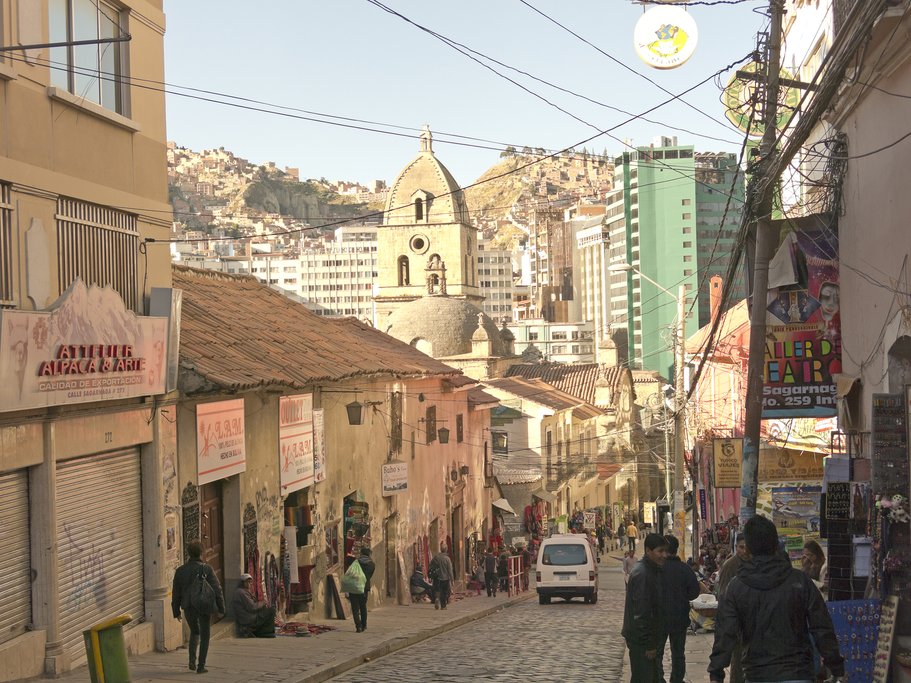 The streets in La Paz are steep and full of shops