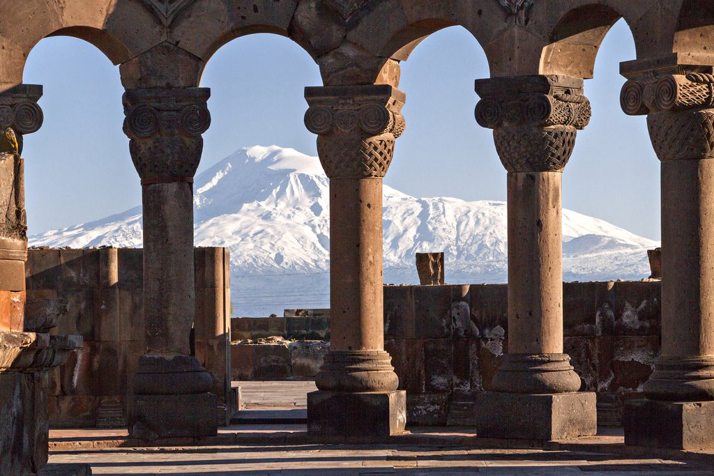 Mount Ararat through the columns of Zvartnots Cathedral