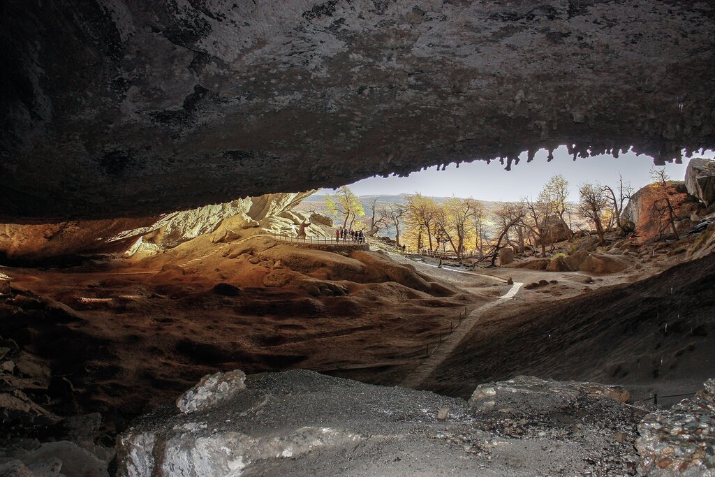 A view from inside the Mylodon Cave. The sky and a few trees can be seen from the cave entrance