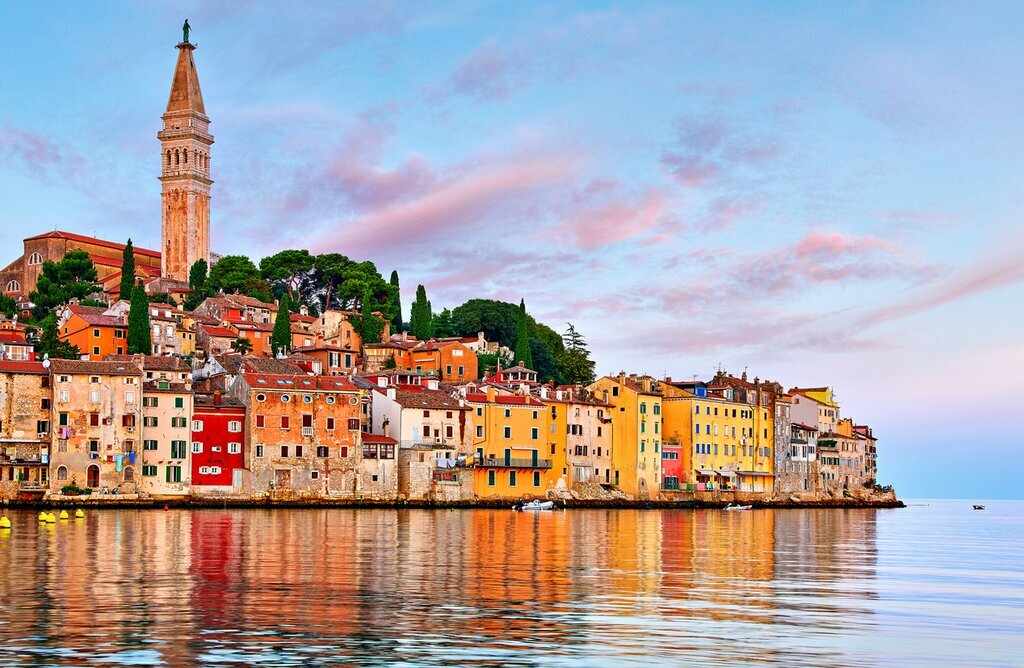 The Church of St. Euphemia marks the beautiful Old Town of Rovinj at sunset