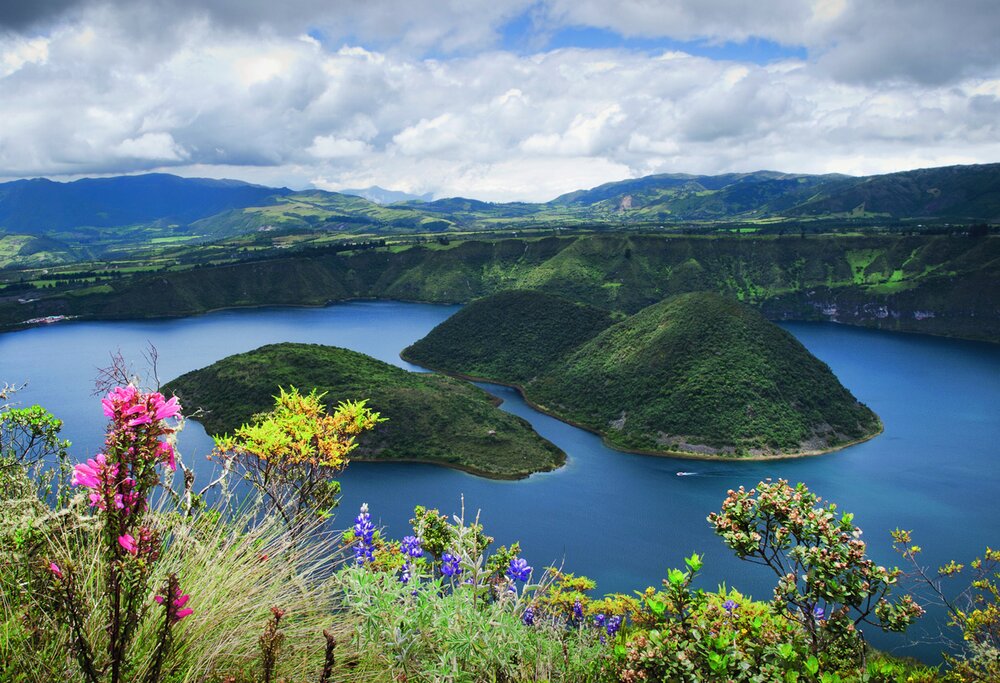 Cuicocha Lake during the day with wildflowers