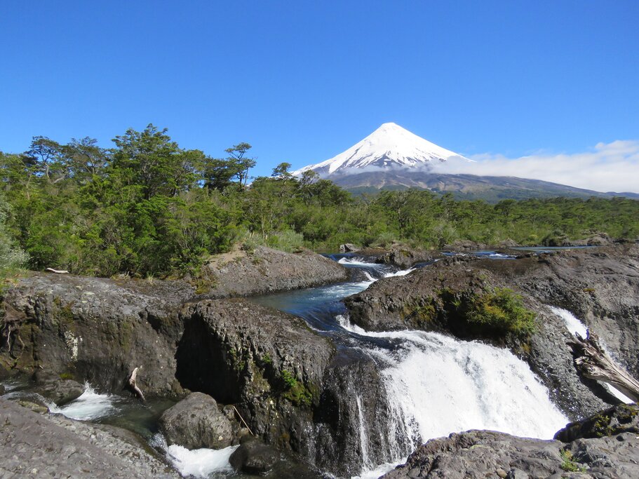 Petrohue waterfalls and Osorno Volcano