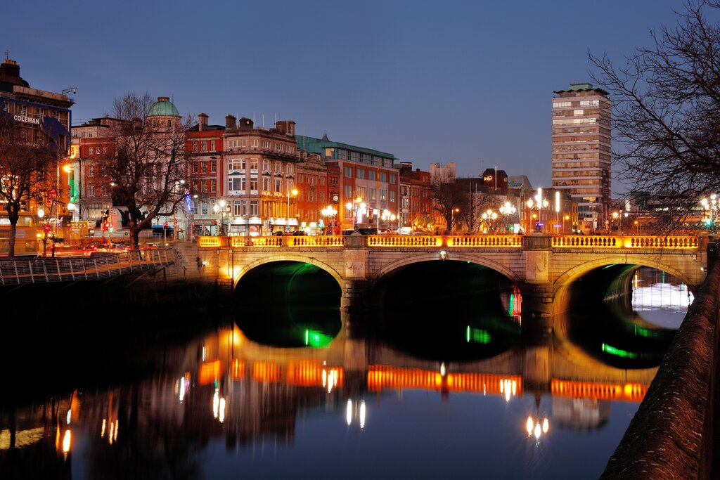 A view towards an old bridge in Dublin city