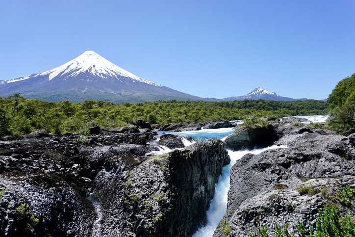 Petrohué Falls with Osorno in the background