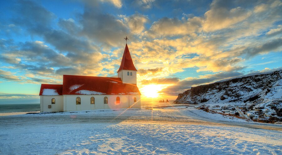 Red-roofed church on the coast in Vík, Iceland