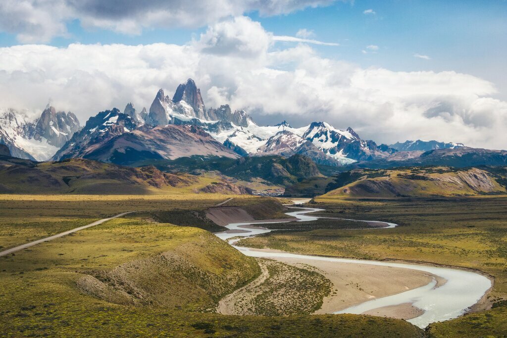 Aerial view of Monte Fitz Roy and Las Vueltas River
