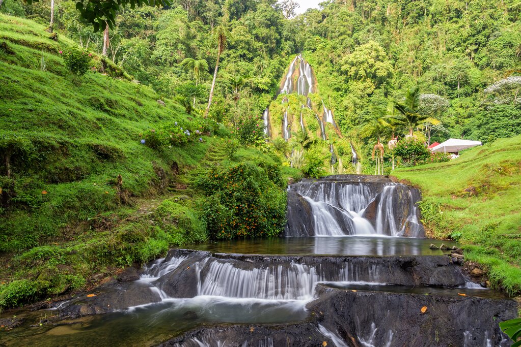 A waterfall in lush jungle
