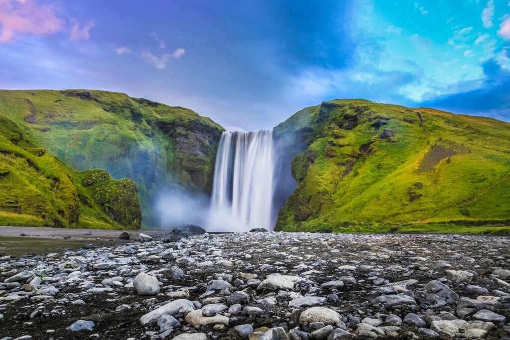 Classic view of the famous Skogafoss waterfall
