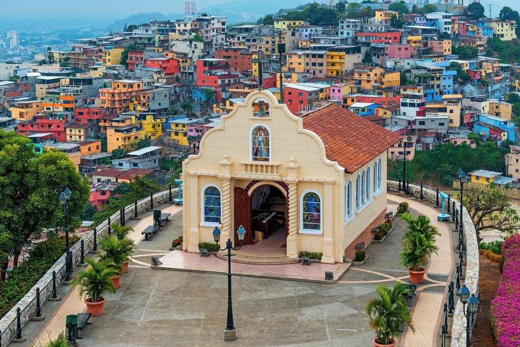 Cityscape of Santa Ana Hill Church with the chapel and colorful colonial housing, Las Peñas district, Guayaquil, Ecuador.