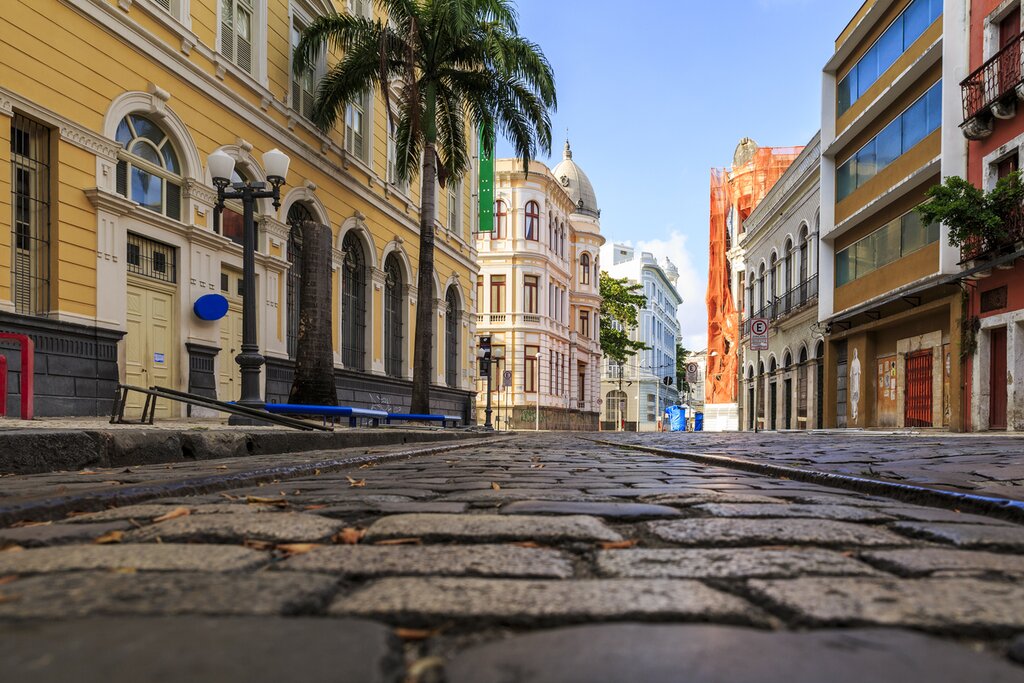 Historic city of Recife in the state of Pernambuco, with its colonial buildings and cobblestone streets.