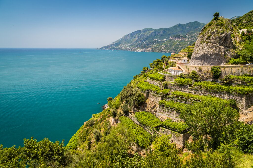 Panoramic picture-postcard view of famous Amalfi Coast with vineyards
