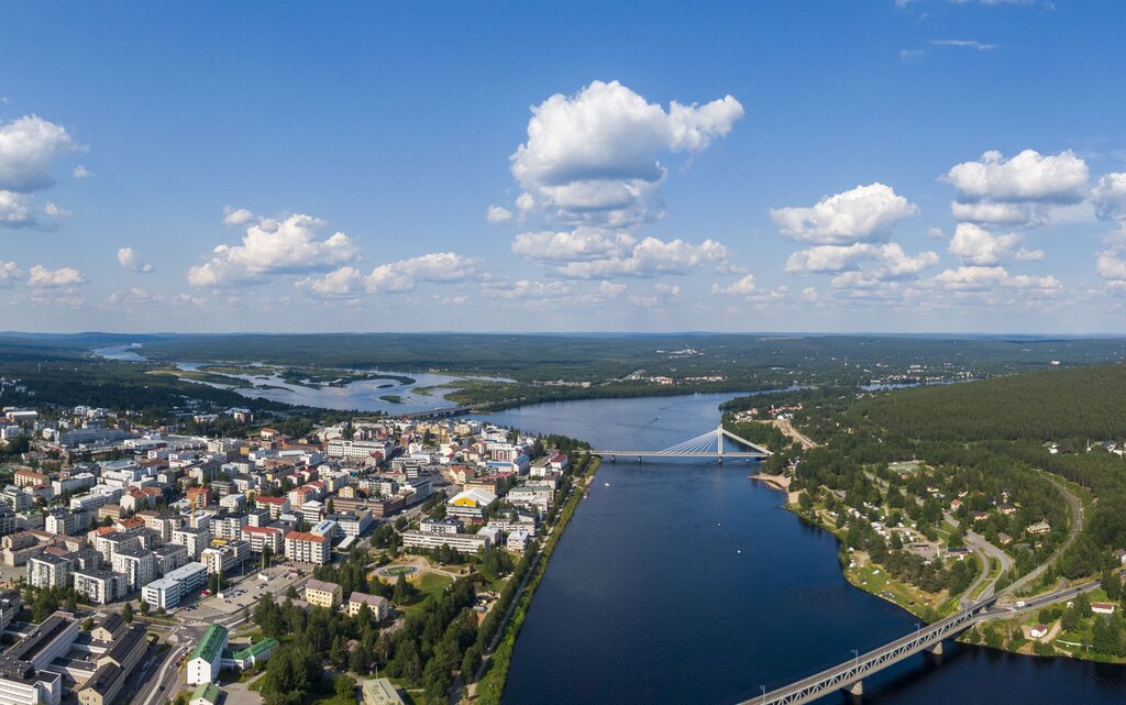 Aerial view of Rovaniemi with the city on the left and the river in the center