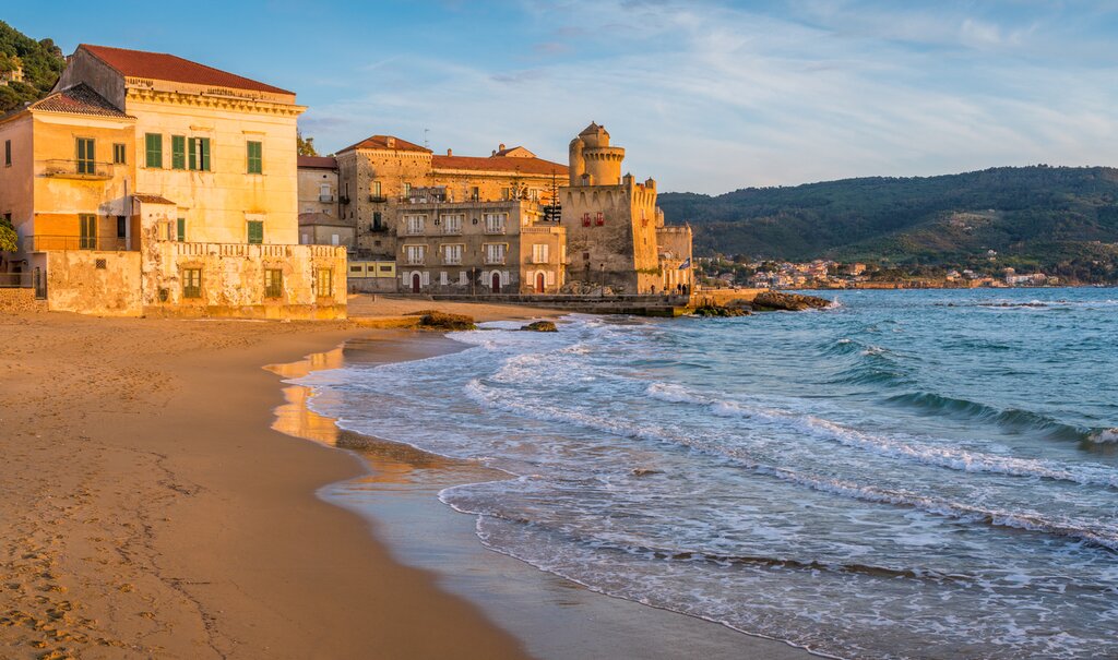 The beautiful village of Santa Maria di Castellabate at sunset, Cilento, Campania, southern Italy.