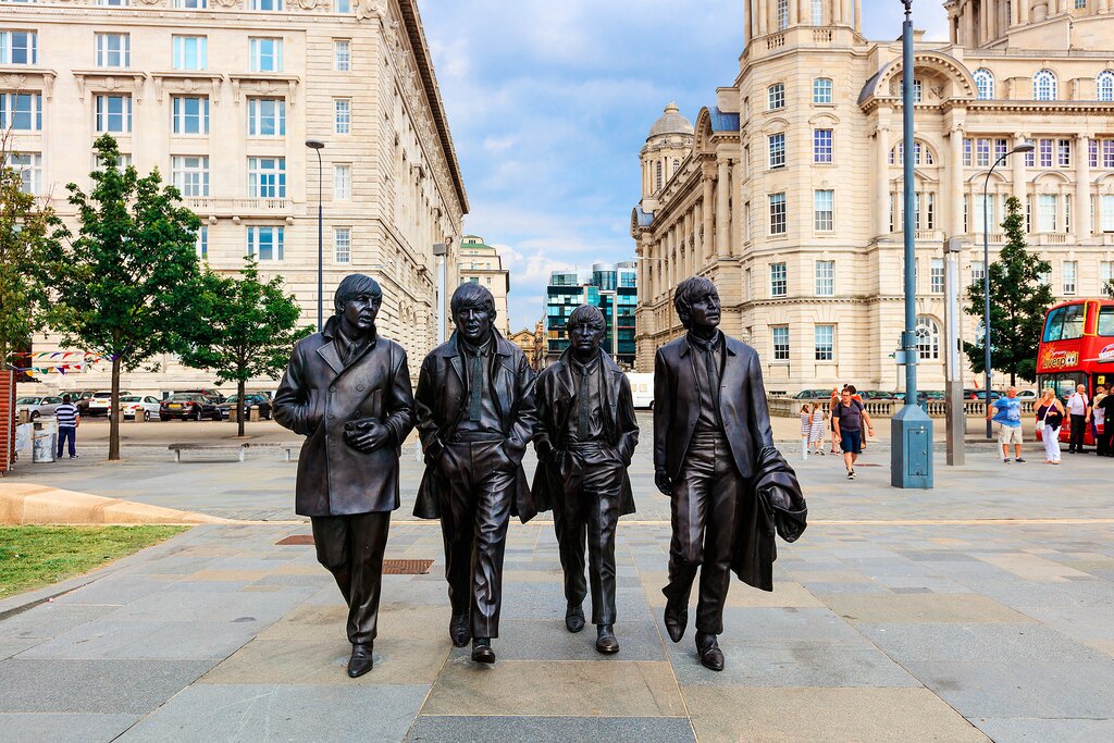 A bronze statue of The Beatles in Liverpool