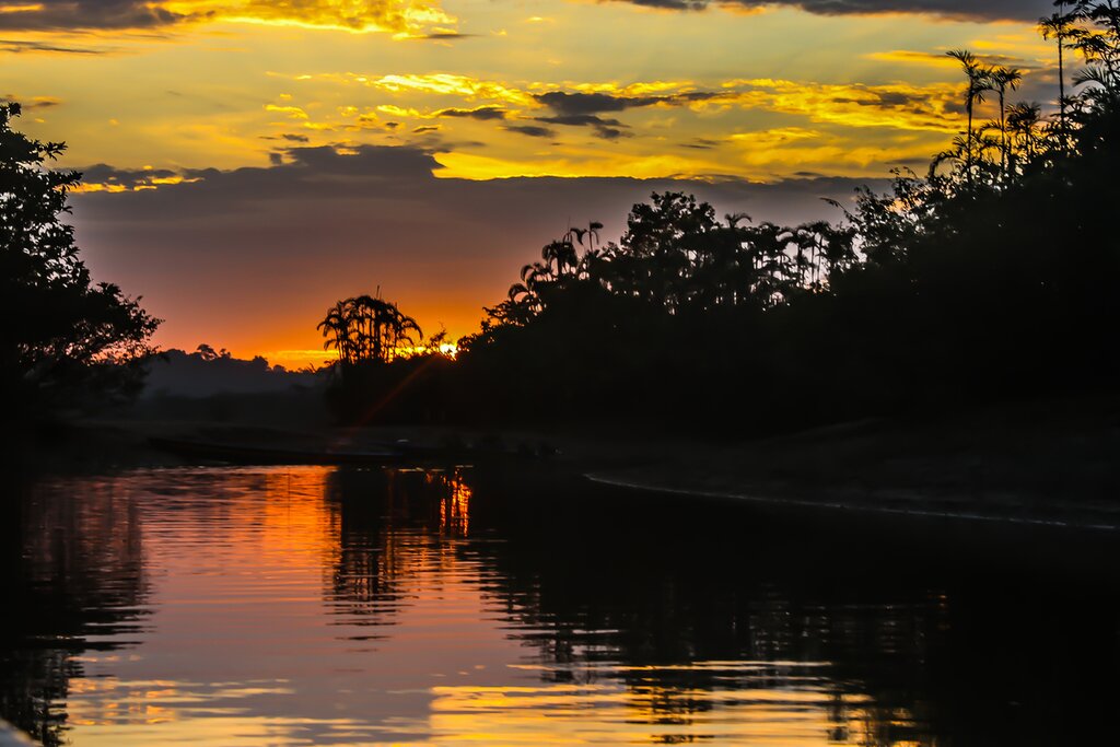 Sunrise over the river in Cuyabeno Wildlife Reserve