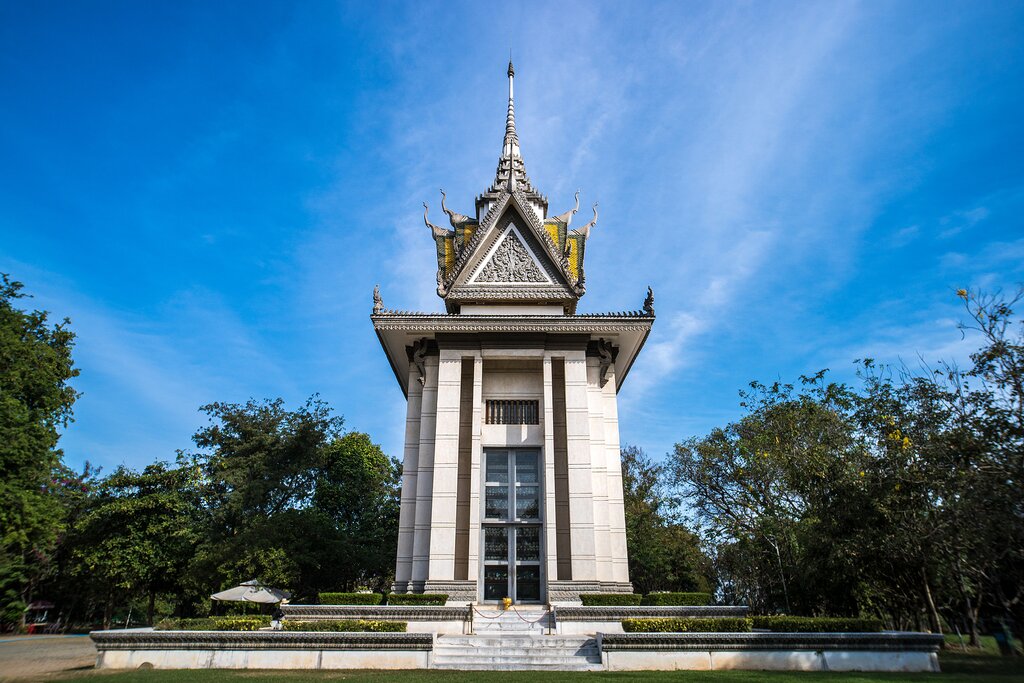 The memorial stupa of Choeung Ek Killing Fields, containing some of the Khmer Rouge victims remains