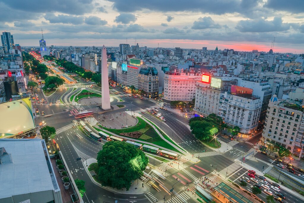 Aerial view of the Plaza de la República and Obelisco in Buenos Aires