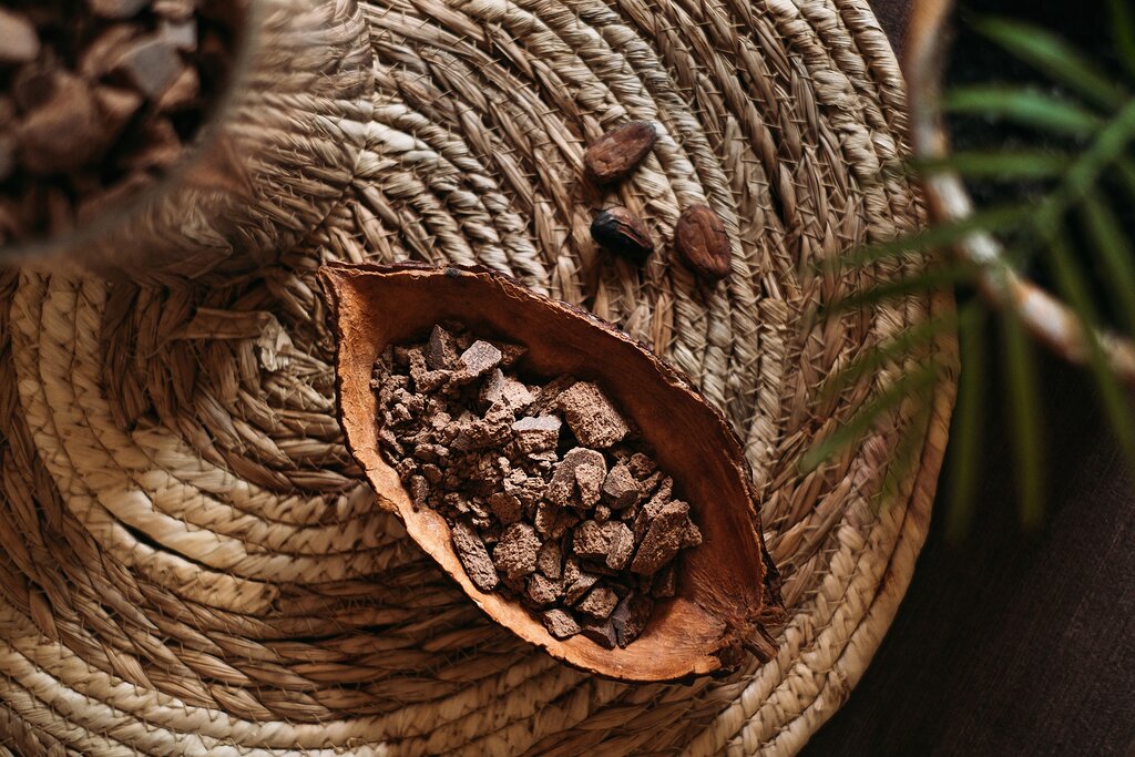 Dried cacao beans on a table