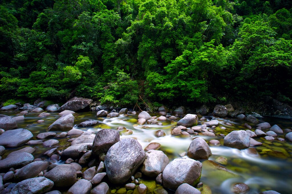 Water flowing slowly over rocks and boulders in a rainforest near Cairns, in tropical north Queensland Australia.