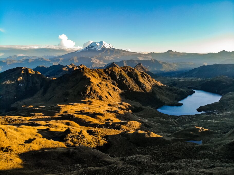 Aerial view of Antisana National Park in Ecuador with Laguna de la Mica in the right side and the Antisana Volcano in the middle background